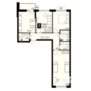 3-к квартира, строящийся дом, 78м2, 2/15 этаж