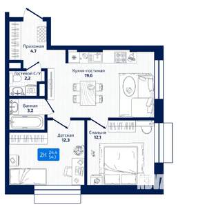 2-к квартира, вторичка, 54м2, 8/19 этаж