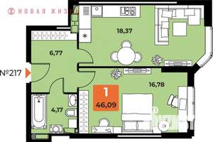 1-к квартира, вторичка, 46м2, 23/23 этаж