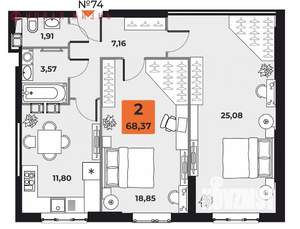 2-к квартира, вторичка, 68м2, 14/23 этаж