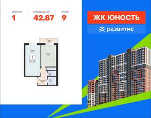 1-к квартира, вторичка, 43м2, 9/24 этаж