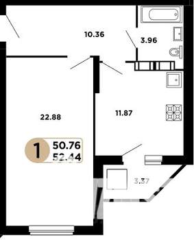 1-к квартира, строящийся дом, 51м2, 10/25 этаж