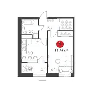1-к квартира, строящийся дом, 36м2, 11/23 этаж
