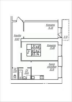 2-к квартира, строящийся дом, 65м2, 14/17 этаж