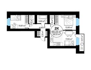2-к квартира, вторичка, 60м2, 13/18 этаж
