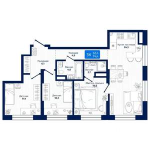 3-к квартира, вторичка, 74м2, 16/19 этаж