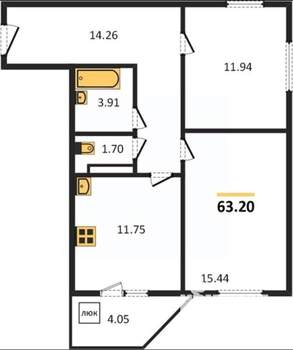 2-к квартира, вторичка, 63м2, 23/26 этаж