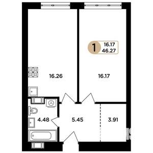 1-к квартира, строящийся дом, 46м2, 3/24 этаж