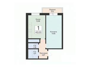 1-к квартира, вторичка, 43м2, 1/24 этаж