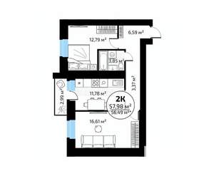 2-к квартира, вторичка, 58м2, 11/18 этаж