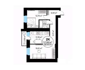 2-к квартира, вторичка, 58м2, 3/18 этаж