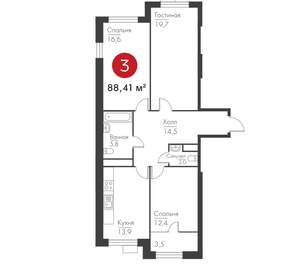 3-к квартира, вторичка, 88м2, 1/19 этаж