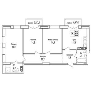 3-к квартира, вторичка, 89м2, 3/6 этаж