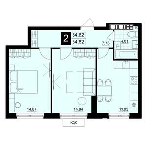 2-к квартира, строящийся дом, 55м2, 4/15 этаж