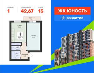 1-к квартира, вторичка, 43м2, 15/24 этаж