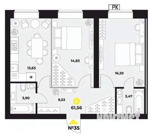 2-к квартира, вторичка, 63м2, 7/16 этаж