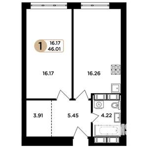 1-к квартира, строящийся дом, 46м2, 12/24 этаж