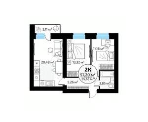 2-к квартира, вторичка, 57м2, 6/18 этаж