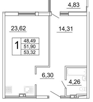 1-к квартира, вторичка, 53м2, 2/26 этаж