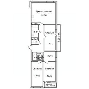 3-к квартира, вторичка, 119м2, 7/25 этаж