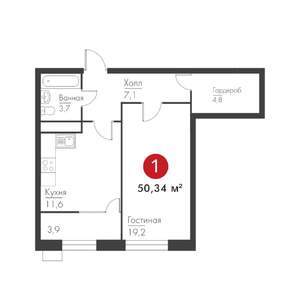 1-к квартира, строящийся дом, 50м2, 1/9 этаж