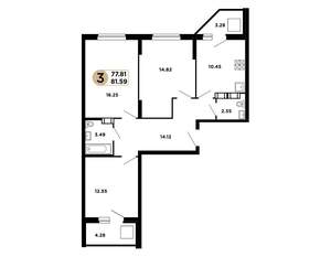 3-к квартира, строящийся дом, 80м2, 25/25 этаж