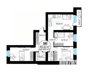 3-к квартира, вторичка, 83м2, 1/18 этаж