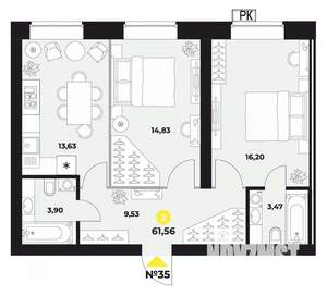 2-к квартира, вторичка, 63м2, 7/16 этаж