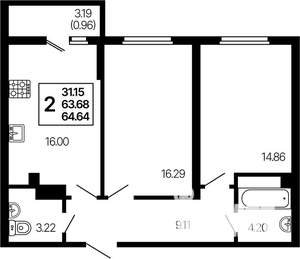 2-к квартира, строящийся дом, 65м2, 2/21 этаж