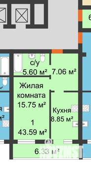 1-к квартира, вторичка, 44м2, 5/16 этаж