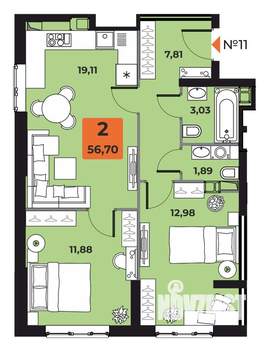 2-к квартира, вторичка, 56м2, 3/23 этаж