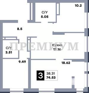 3-к квартира, вторичка, 78м2, 11/22 этаж