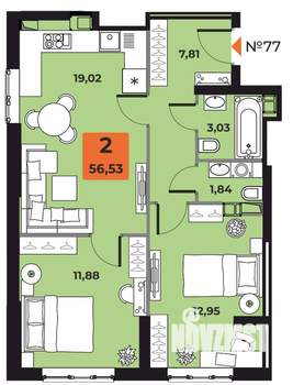 2-к квартира, вторичка, 57м2, 14/23 этаж