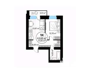 1-к квартира, вторичка, 44м2, 14/18 этаж