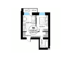 1-к квартира, вторичка, 44м2, 7/18 этаж