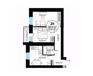 2-к квартира, вторичка, 58м2, 17/18 этаж