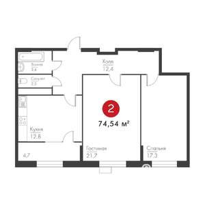 2-к квартира, строящийся дом, 75м2, 4/9 этаж