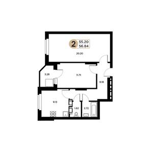 2-к квартира, строящийся дом, 55м2, 24/26 этаж