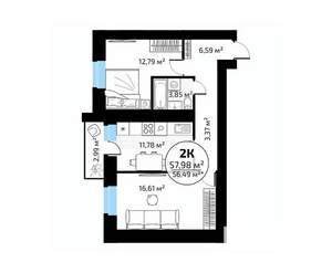 2-к квартира, вторичка, 58м2, 6/18 этаж