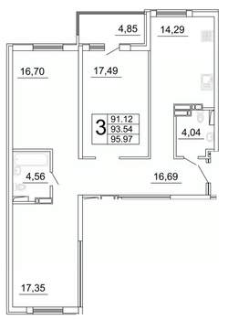 3-к квартира, строящийся дом, 96м2, 8/27 этаж
