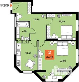 2-к квартира, вторичка, 64м2, 22/23 этаж
