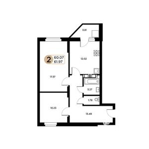 2-к квартира, строящийся дом, 60м2, 23/26 этаж