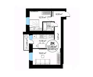 2-к квартира, вторичка, 58м2, 12/18 этаж