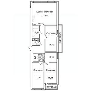3-к квартира, вторичка, 119м2, 3/25 этаж