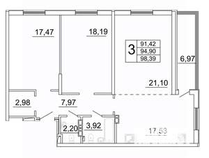 3-к квартира, строящийся дом, 99м2, 23/27 этаж