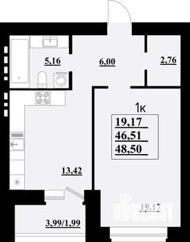 1-к квартира, строящийся дом, 49м2, 2/8 этаж