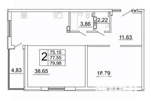 2-к квартира, строящийся дом, 80м2, 12/27 этаж