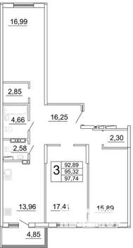 3-к квартира, строящийся дом, 98м2, 2/27 этаж
