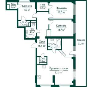 4-к квартира, строящийся дом, 125м2, 23/29 этаж
