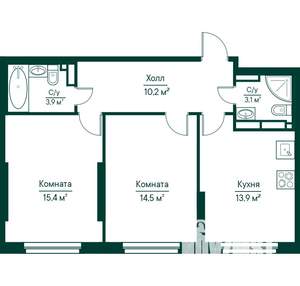2-к квартира, строящийся дом, 61м2, 21/29 этаж
